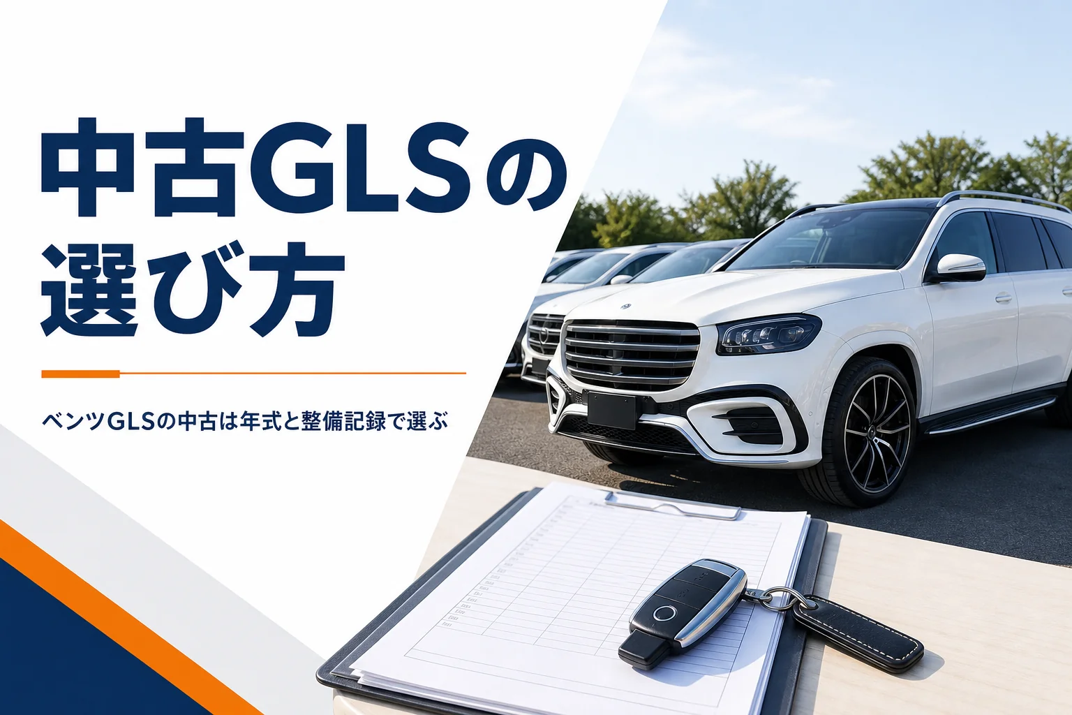 中古車展示場に並ぶ大型SUVと整備記録簿のイメージ