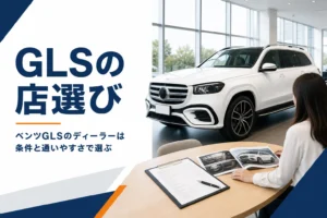 ベンツGLSを扱う輸入車ディーラーのショールームと商談テーブル