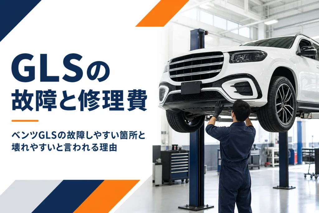 ベンツGLSのような大型SUVを整備工場で点検するイメージ