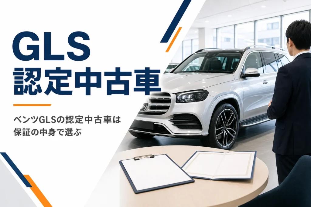 中古車展示場に並ぶ大型SUVと保証書のイメージ