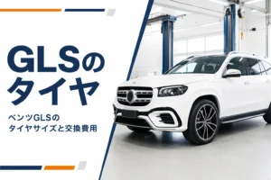 タイヤ専門店のピットに停まるメルセデス・ベンツ GLSの大径ホイール