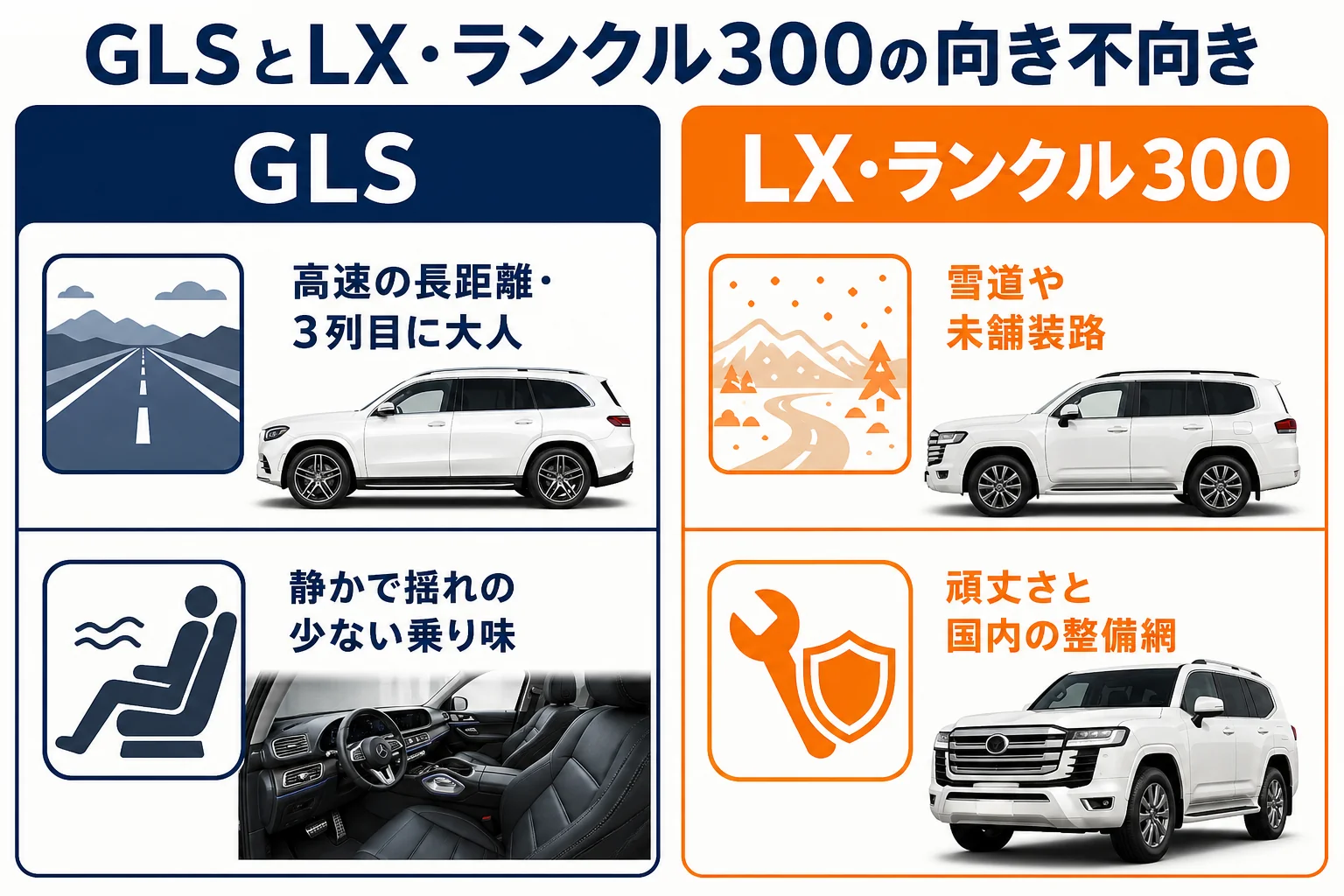 ベンツGLSとLX・ランクル300が向く使い方の違いをまとめた図